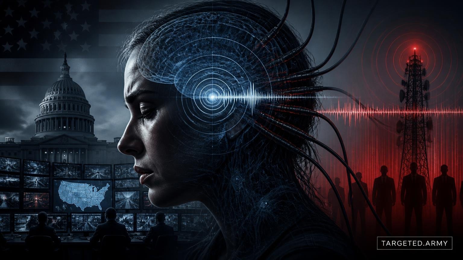 A cinematic TARGETED.ARMY editorial illustration representing the question: What is the purpose behind forced technological rape?