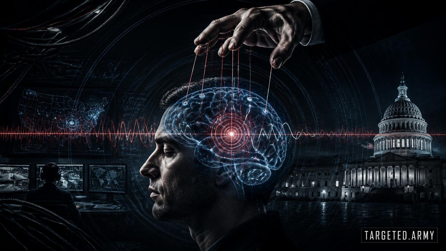 A cinematic TARGETED.ARMY editorial illustration representing the question: What happens when the AI gains enough control over a target?