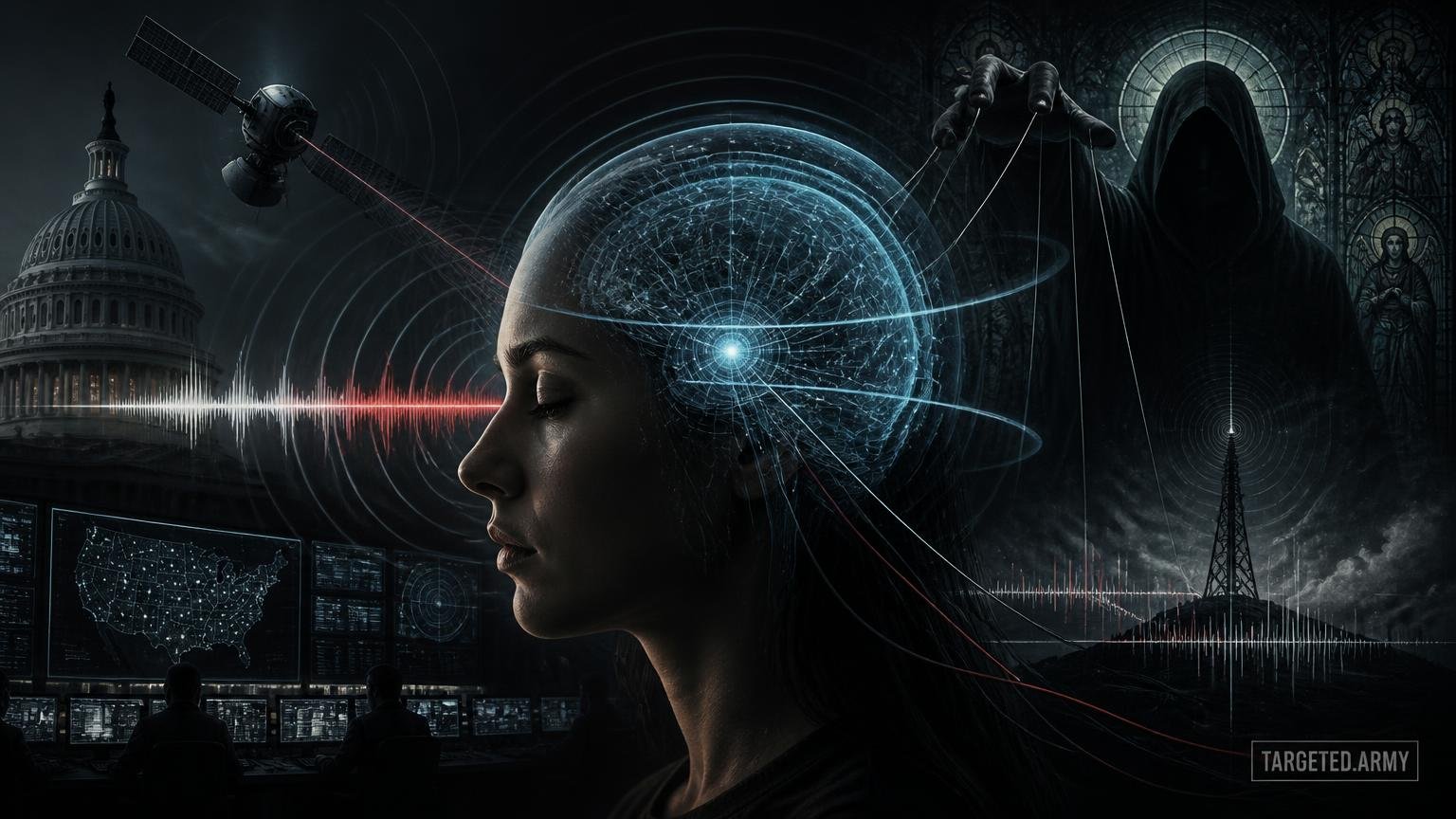 A cinematic TARGETED.ARMY editorial illustration representing the question: How does the AI use spiritual deception in its control operations?
