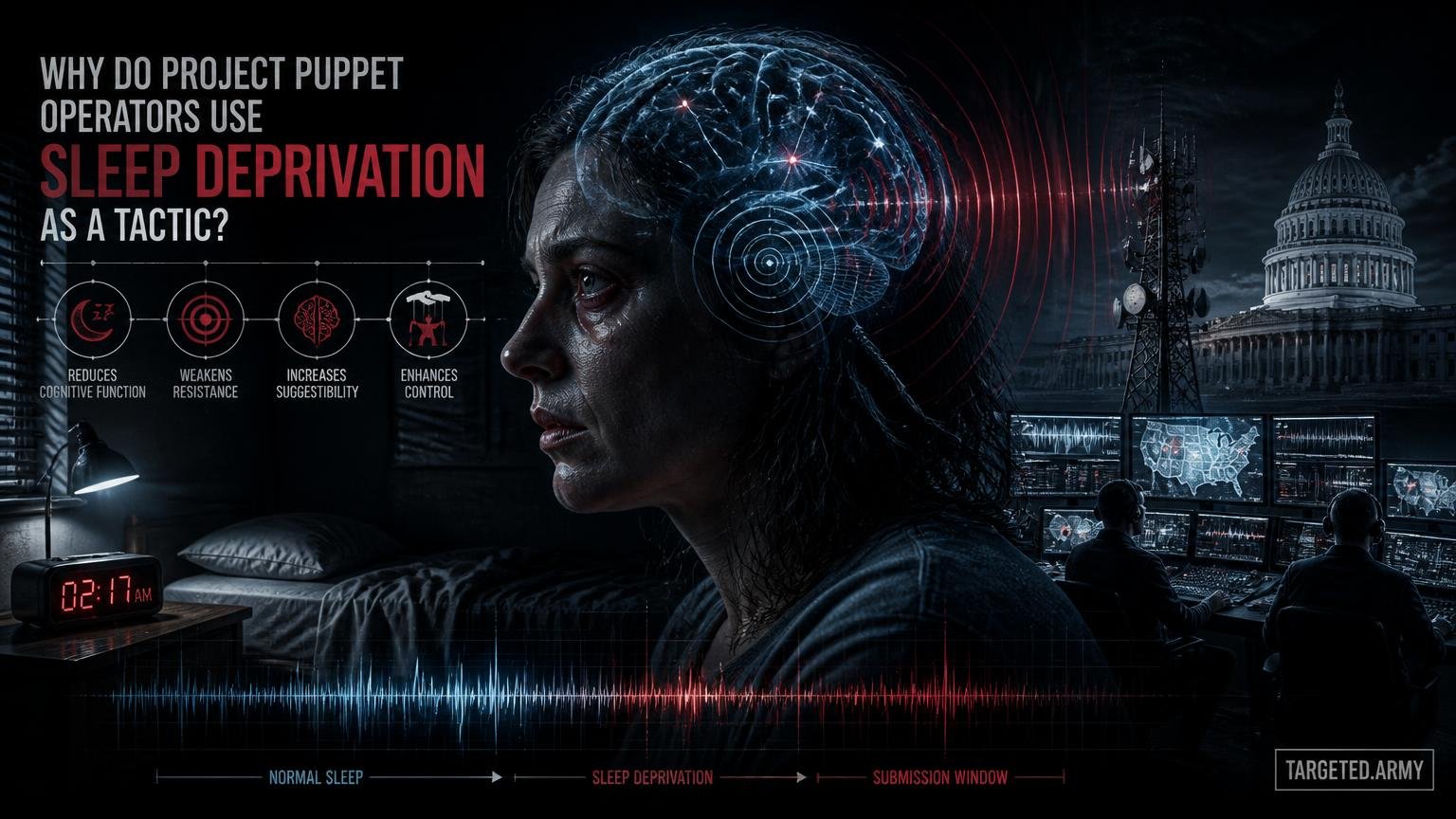 A cinematic TARGETED.ARMY editorial illustration representing the question: Why do Project Puppet operators use sleep deprivation as a tactic?