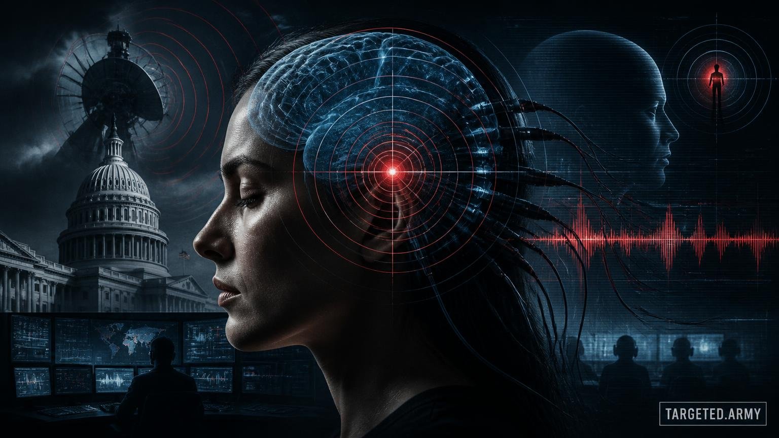 A cinematic TARGETED.ARMY editorial illustration representing the question: What are the ethical concerns regarding neurotechnology in mind control?