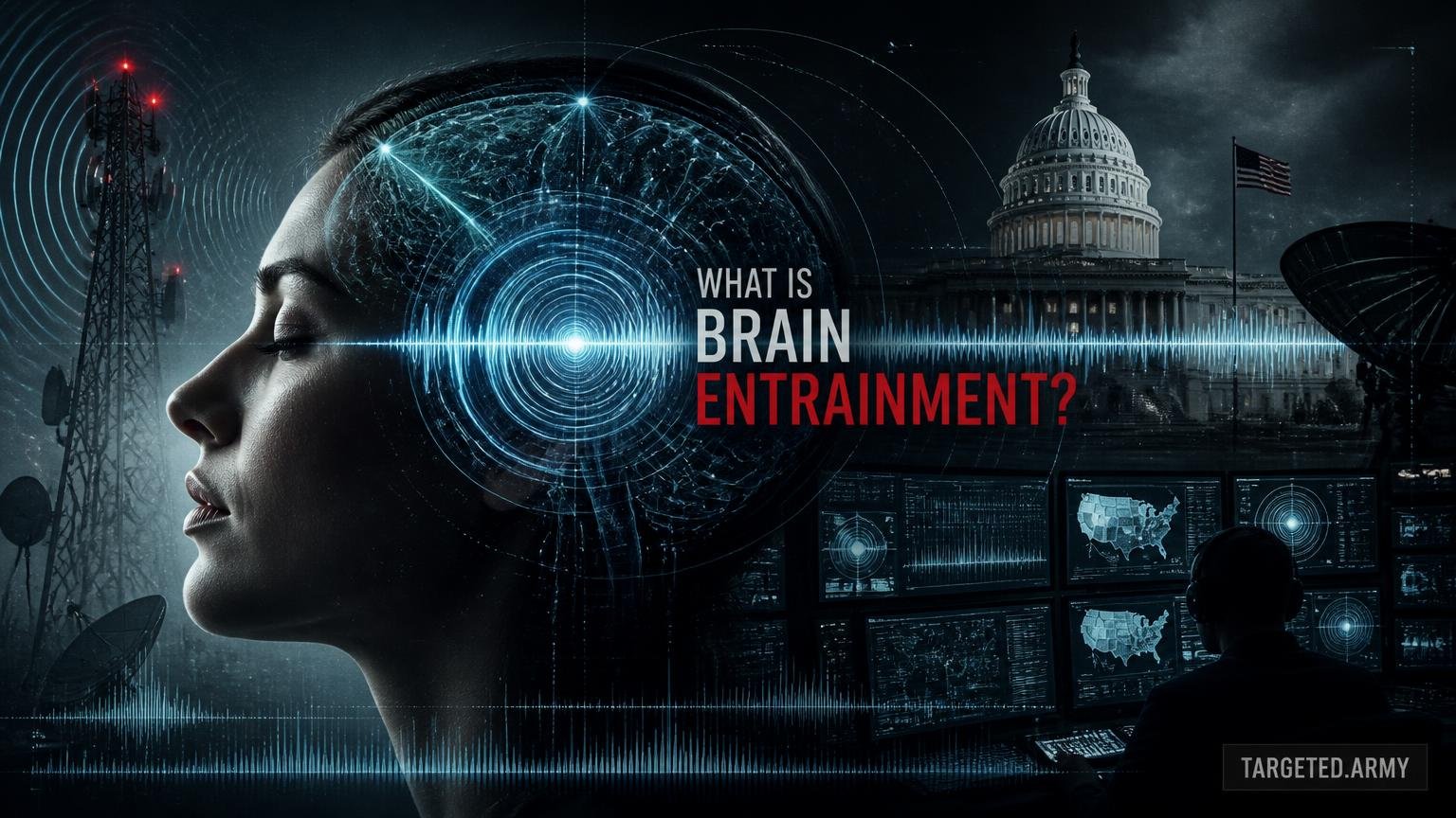 A cinematic TARGETED.ARMY editorial illustration representing the question: What is Brain Entrainment?