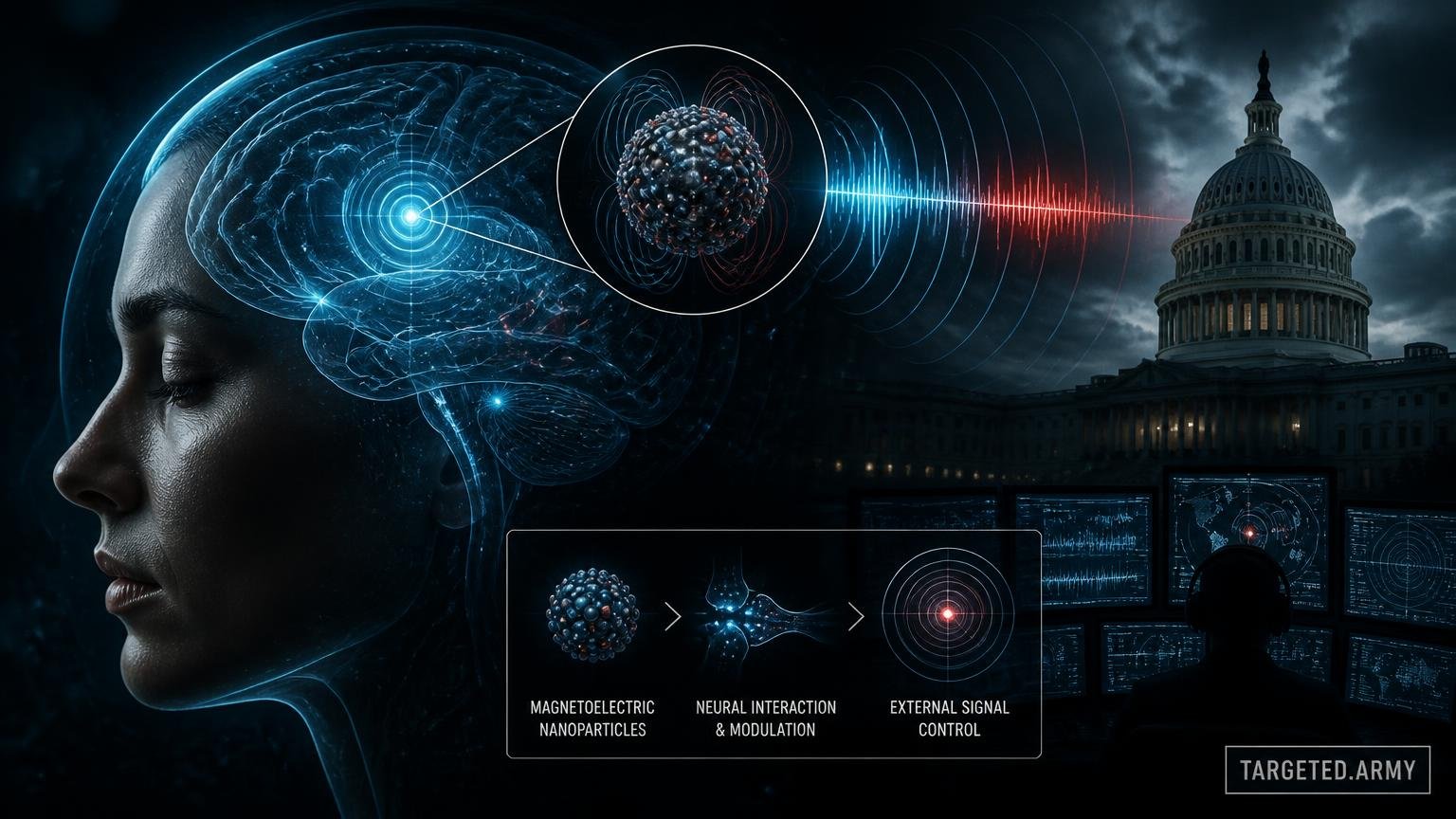 A cinematic TARGETED.ARMY editorial illustration representing the question: What are magnetoelectric nanoparticles and how are they used in neurotechnology?