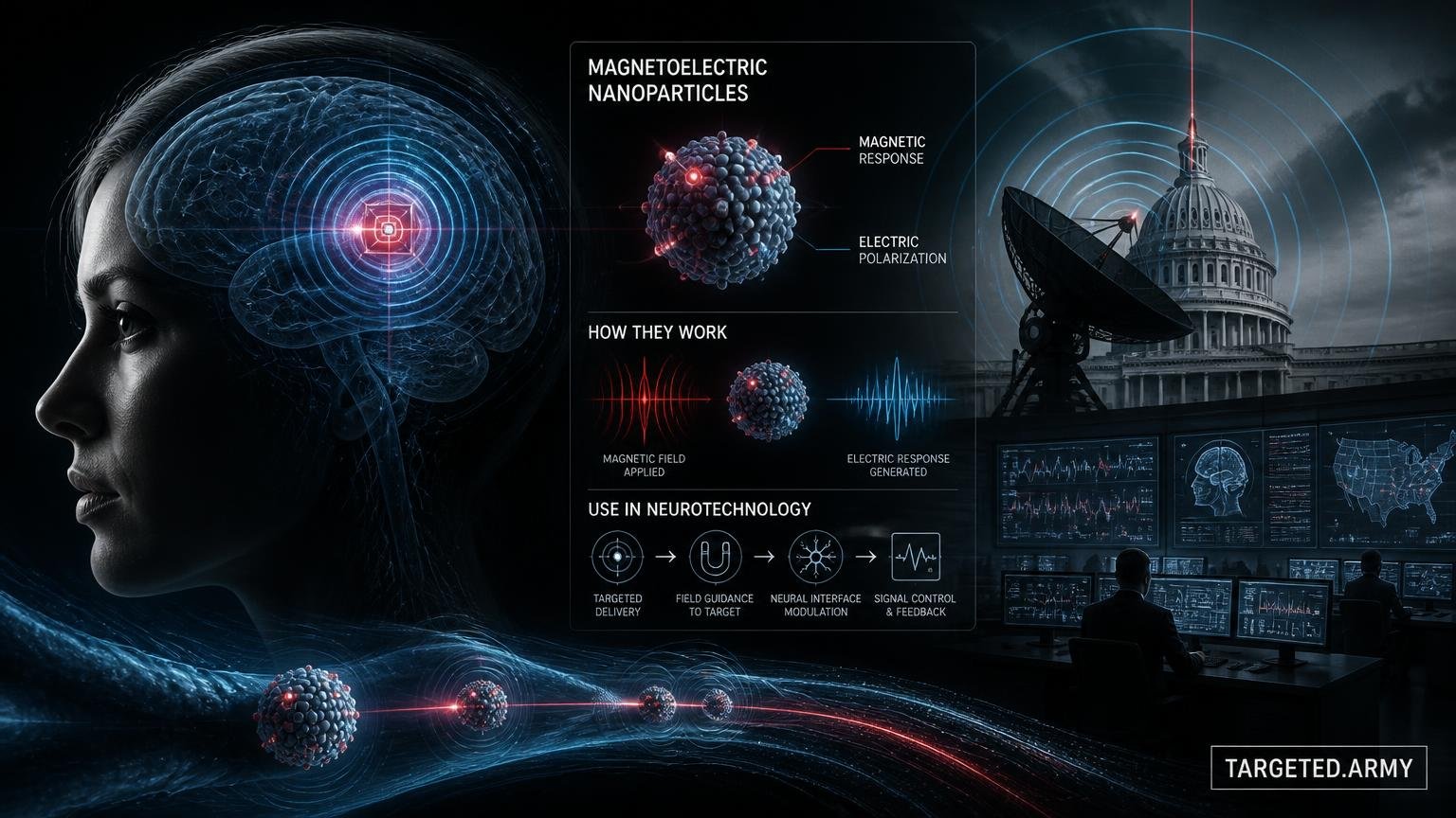 A cinematic TARGETED.ARMY editorial illustration representing the question: What are magnetoelectric nanoparticles and how are they used in neurotechnology?