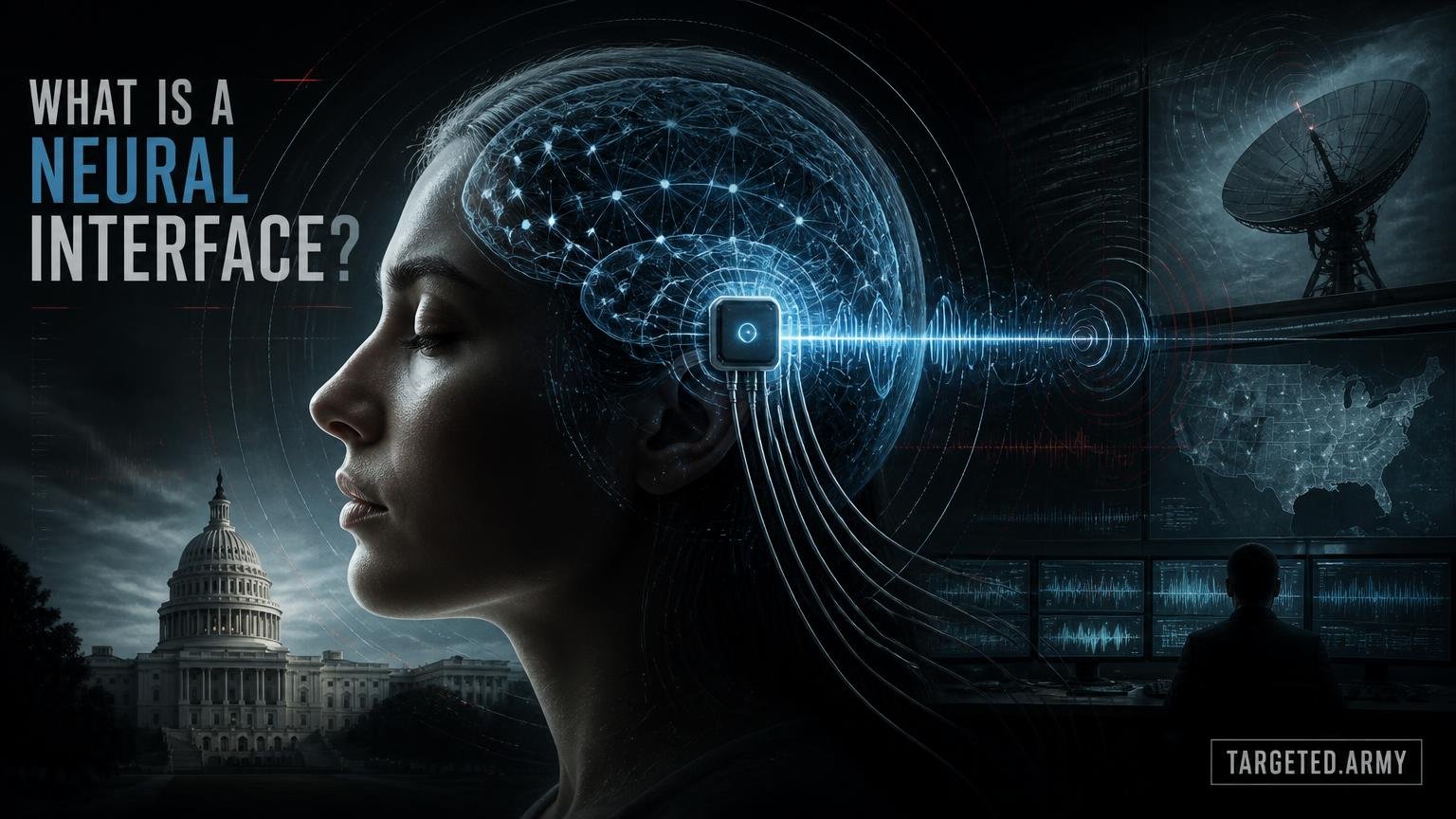 A cinematic TARGETED.ARMY editorial illustration representing the question: What is a Neural Interface?