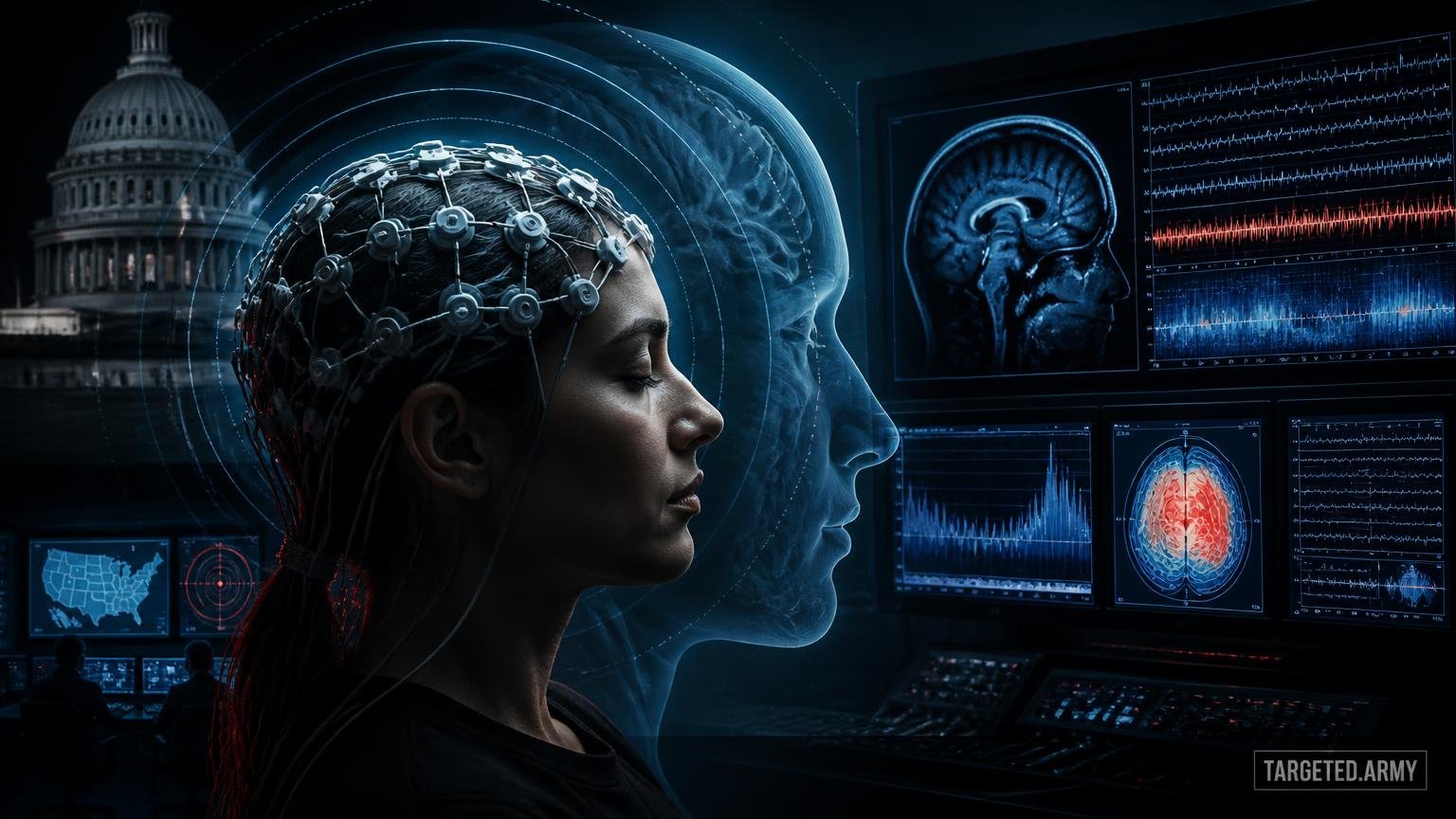 A cinematic TARGETED.ARMY editorial illustration representing the question: How do scientists measure brain activity?
