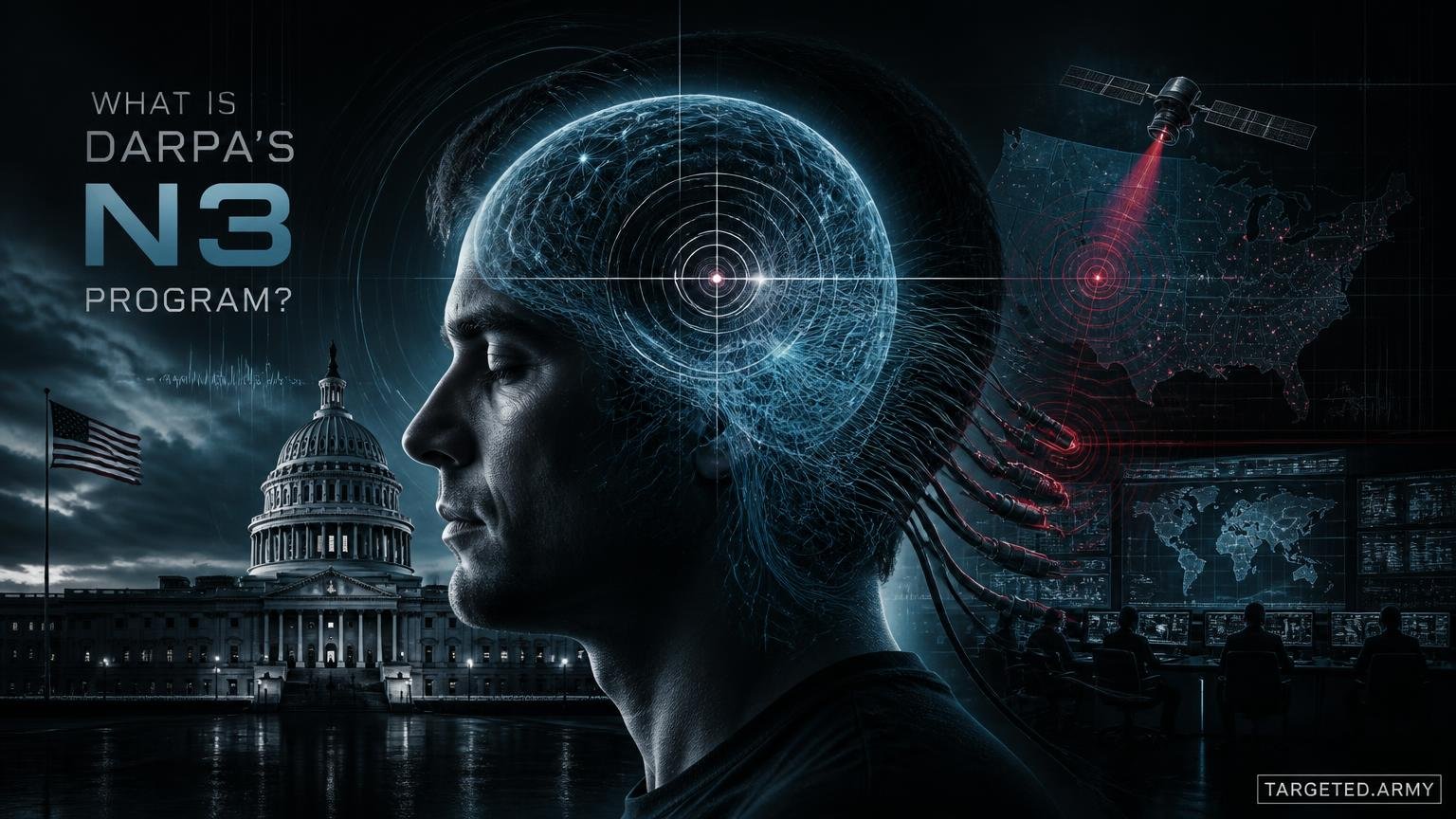 A cinematic TARGETED.ARMY editorial illustration representing the question: What is DARPA's N3 program?