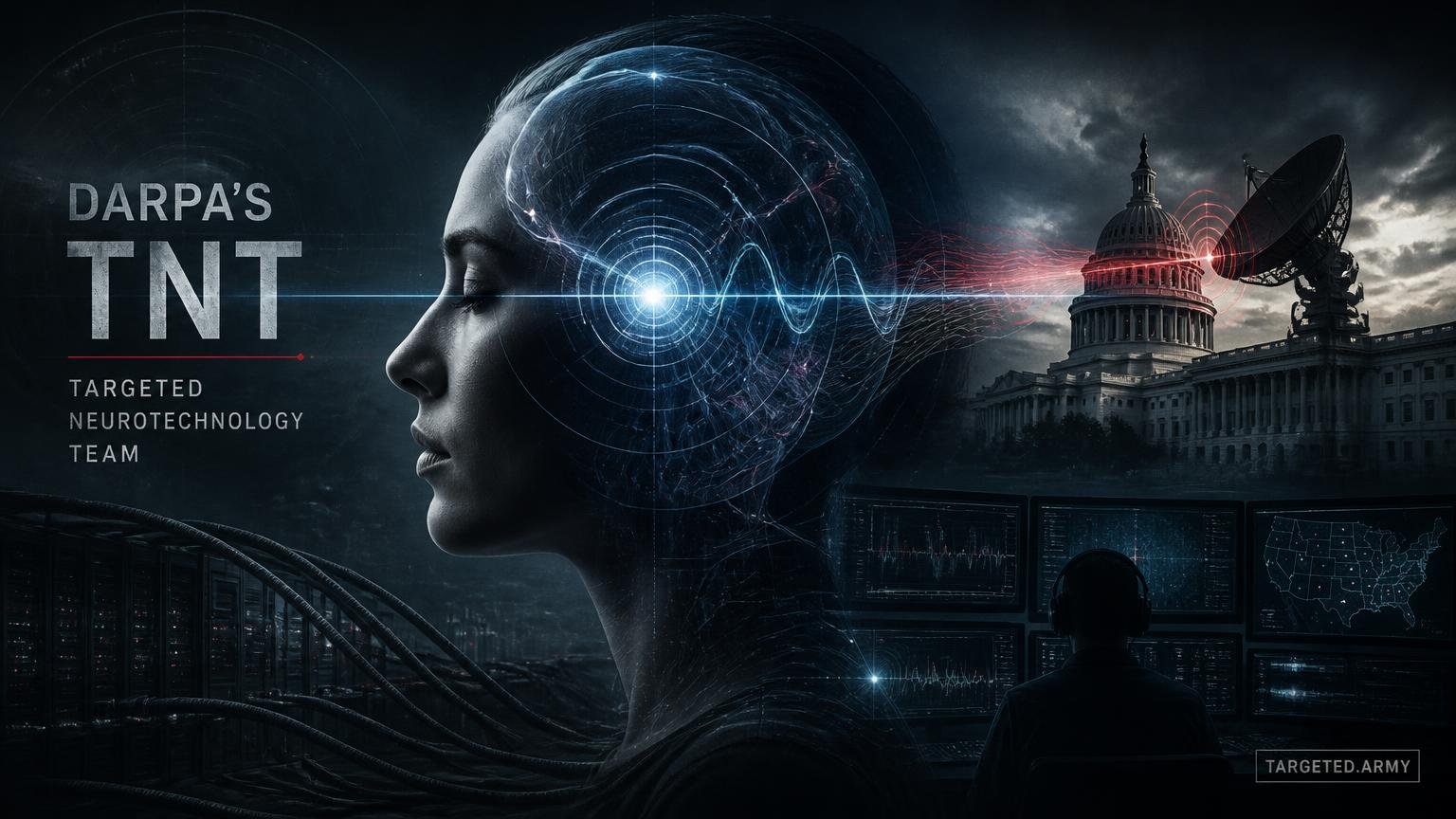 A cinematic TARGETED.ARMY editorial illustration representing the question: What is DARPA's TNT program?
