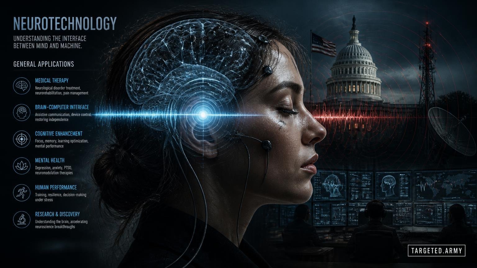 A cinematic TARGETED.ARMY editorial illustration representing the question: What is neurotechnology and what are its general applications?