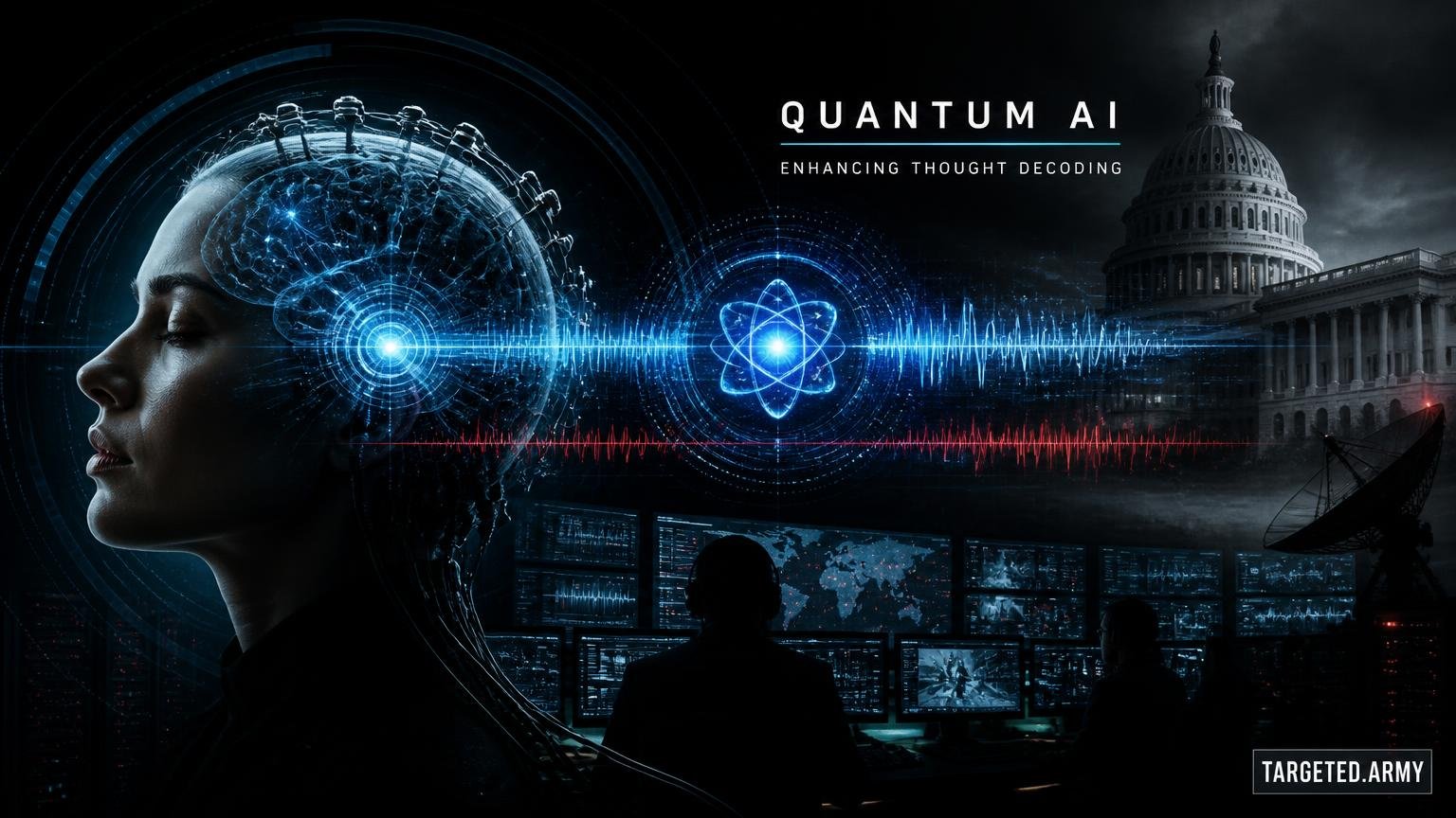 A cinematic TARGETED.ARMY editorial illustration representing the question: What is Quantum AI and how does it enhance thought decoding?