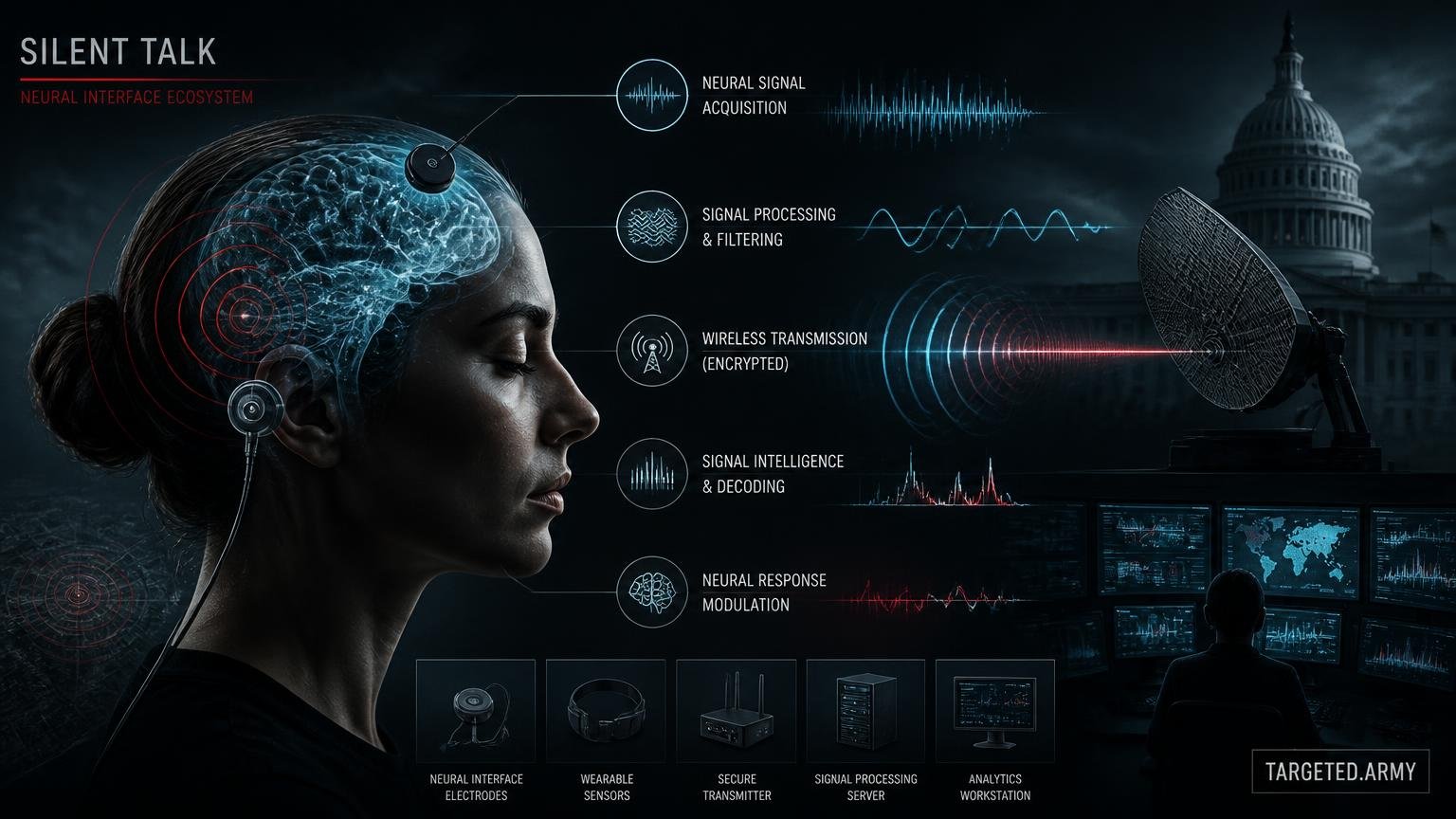 A cinematic TARGETED.ARMY editorial illustration representing the question: What technologies are used in Silent Talk?