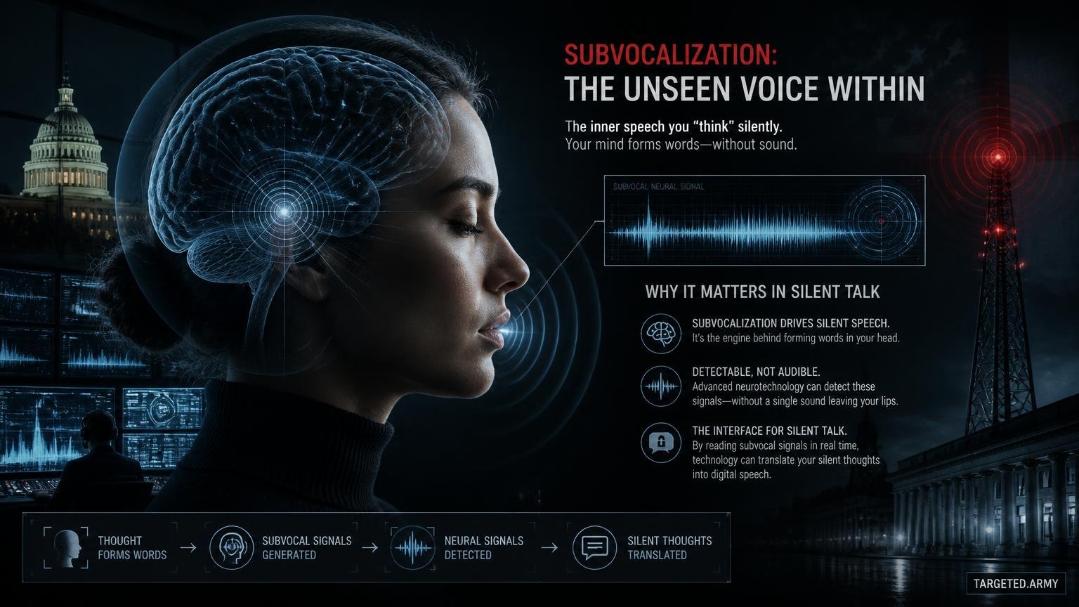 A cinematic TARGETED.ARMY editorial illustration representing the question: What is subvocalization and why is it important in Silent Talk?