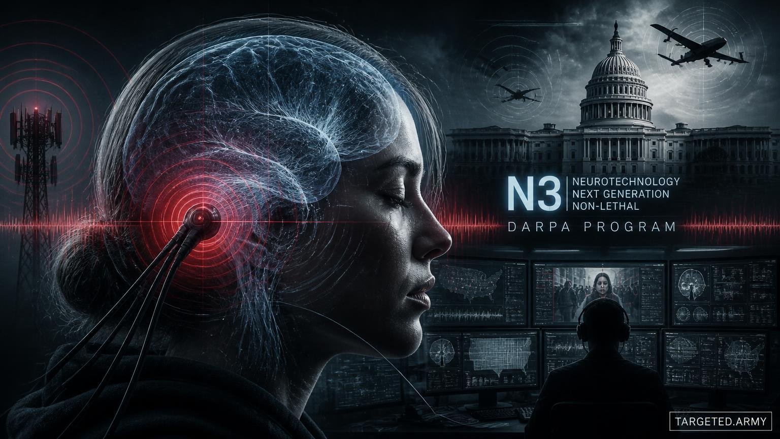 A cinematic TARGETED.ARMY editorial illustration representing the question: What is DARPA's N3 program and how is it being used against civilians?