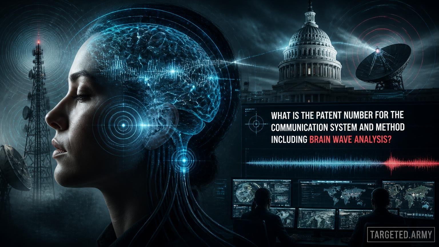 A cinematic TARGETED.ARMY editorial illustration representing the question: What is the patent number for the communication system and method including brain wave analysis?