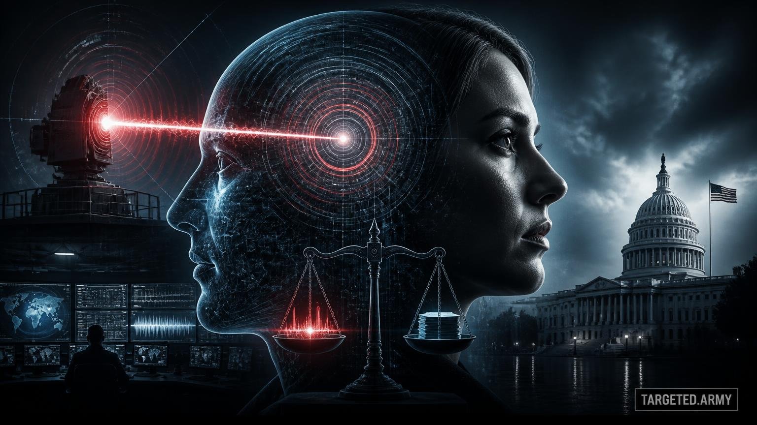 A cinematic TARGETED.ARMY editorial illustration representing the question: What is the legal status of directed energy patents?