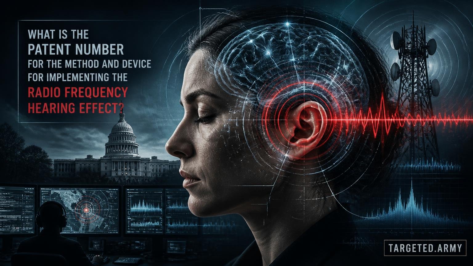 A cinematic TARGETED.ARMY editorial illustration representing the question: What is the patent number for the method and device for implementing the radio frequency hearing effect?