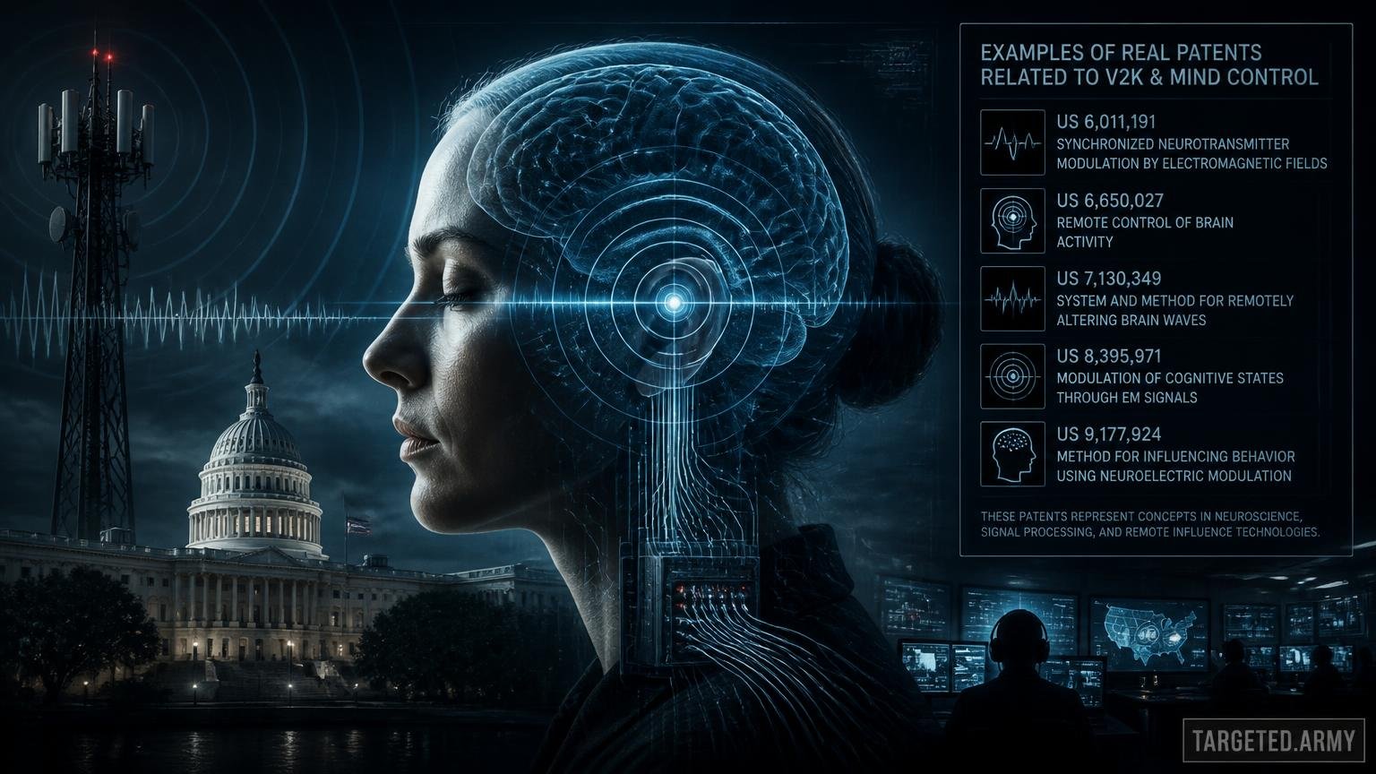 A cinematic TARGETED.ARMY editorial illustration representing the question: What are some examples of real patents related to V2K and mind control?