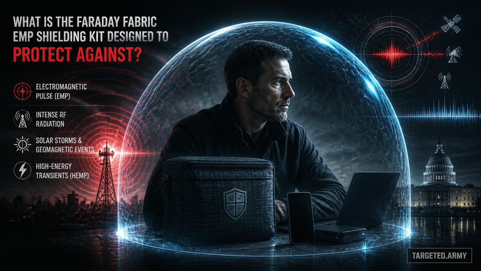 A cinematic TARGETED.ARMY editorial illustration representing the question: What is the Faraday Fabric EMP Shielding Kit designed to protect against?