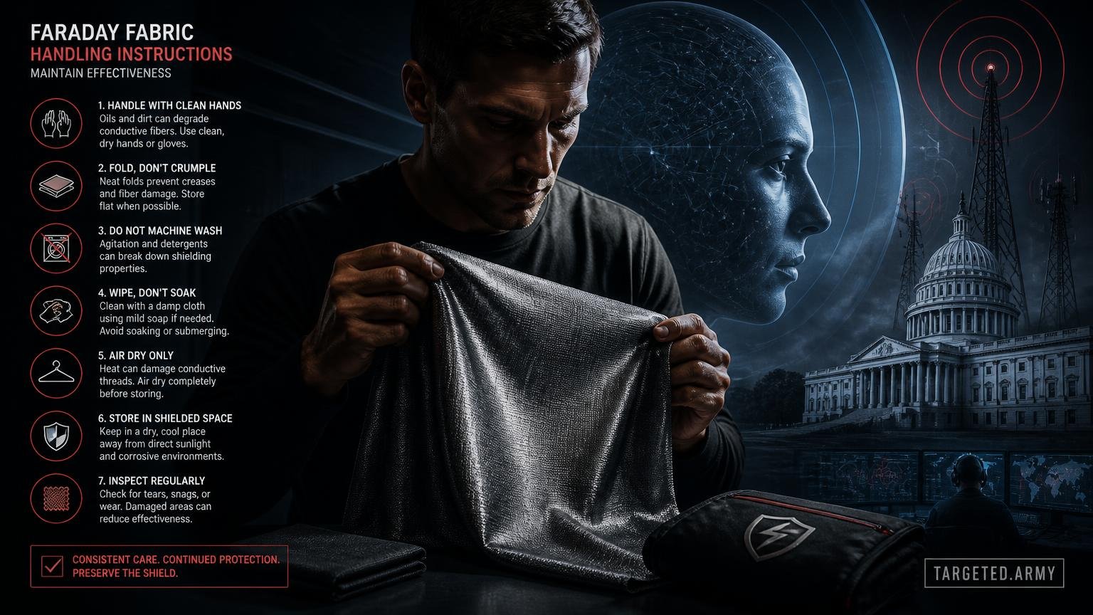 A cinematic TARGETED.ARMY editorial illustration representing the question: What are the handling instructions for maintaining the Faraday fabric's effectiveness?