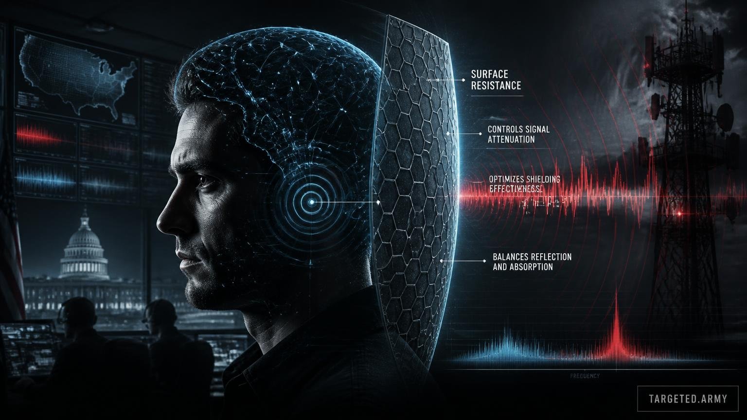 A cinematic TARGETED.ARMY editorial illustration representing the question: What is the significance of surface resistance in EMF shielding materials?