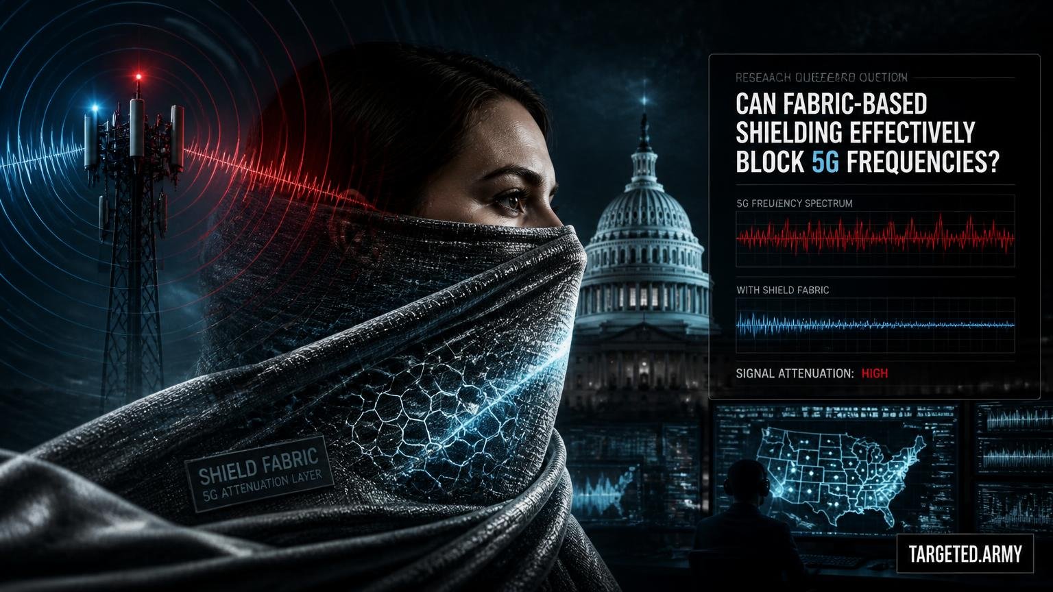 A cinematic TARGETED.ARMY editorial illustration representing the question: Can fabric-based shielding effectively block 5G frequencies?