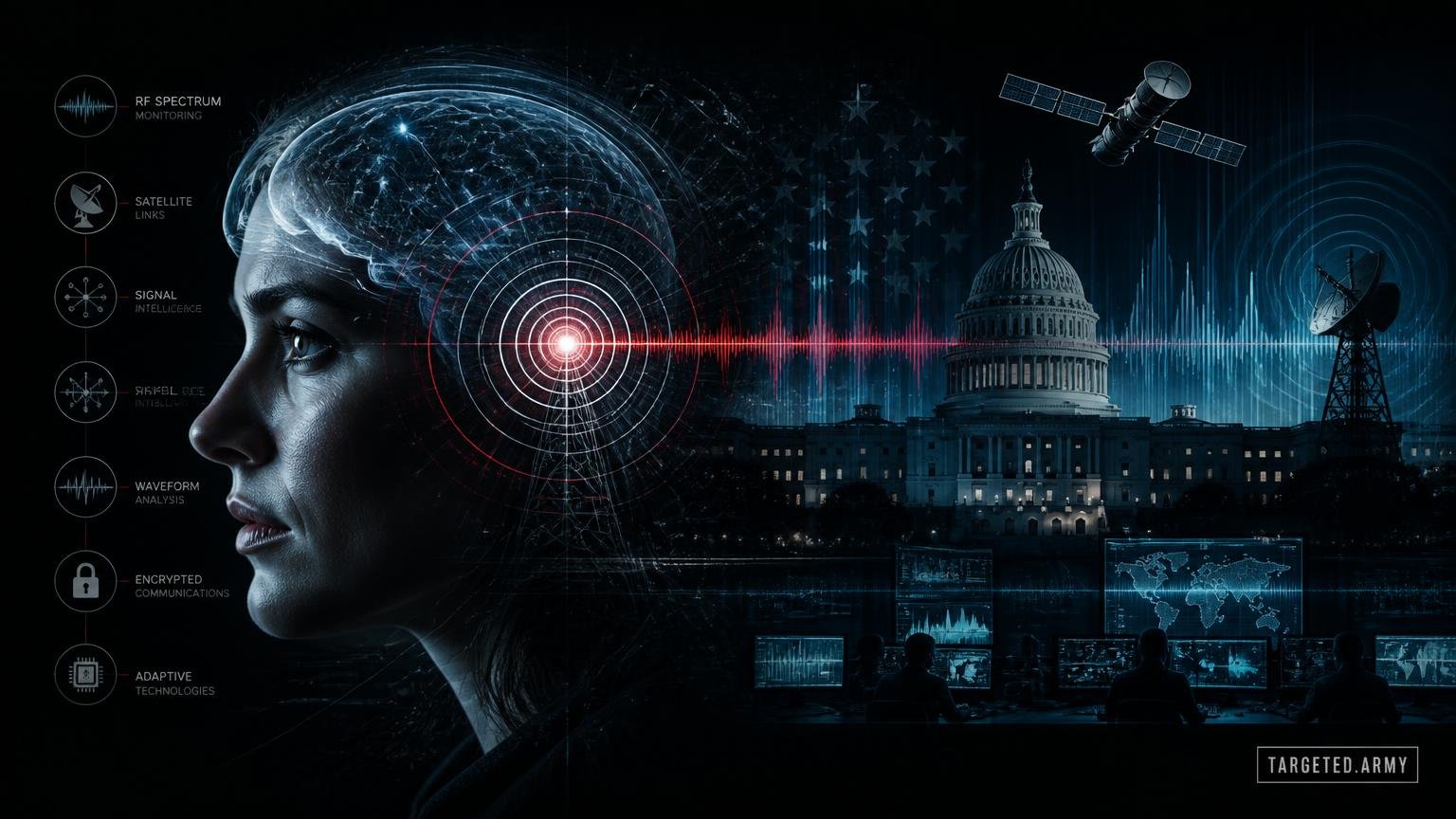 A cinematic TARGETED.ARMY editorial illustration representing the question: What technologies are believed to be used in SIGNALS II?