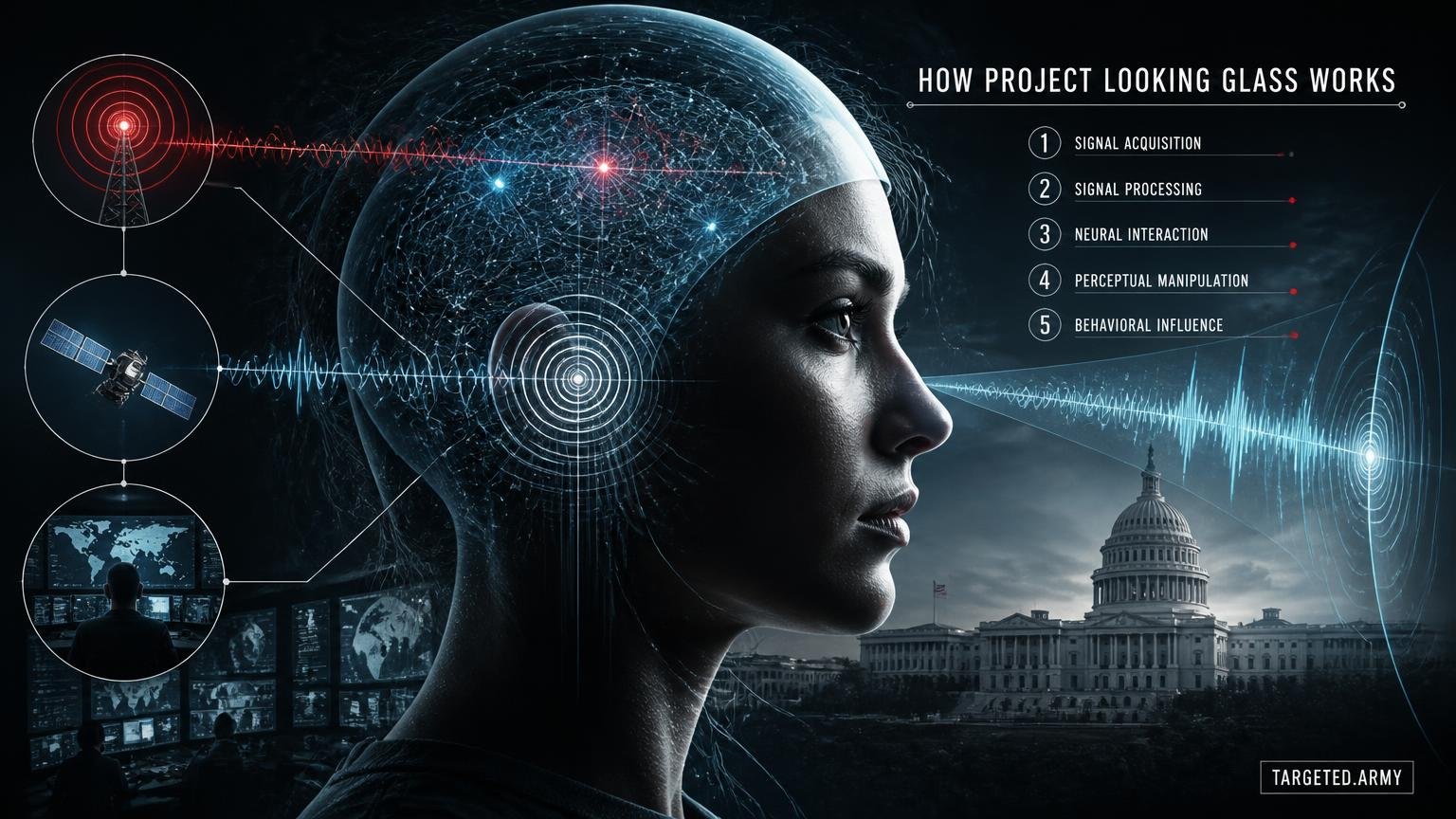 A cinematic TARGETED.ARMY editorial illustration representing the question: How does Project Looking Glass work?