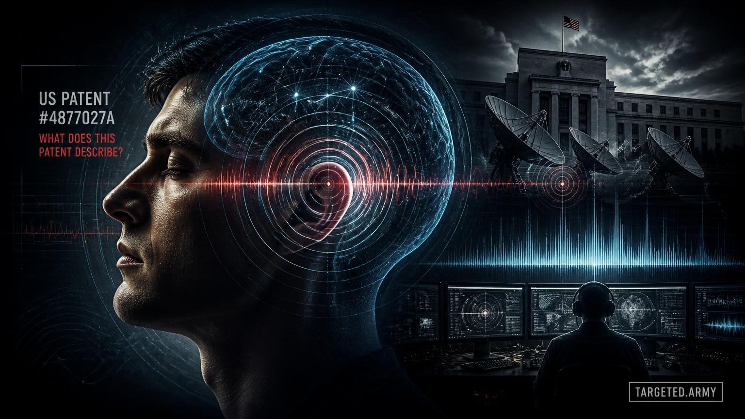A cinematic TARGETED.ARMY editorial illustration representing the question: What does US Patent #4877027A describe?