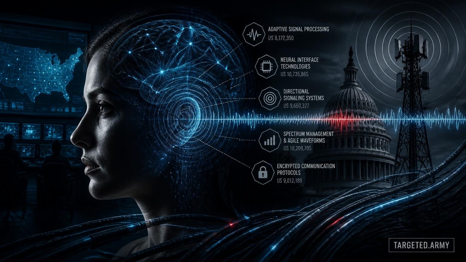 A cinematic TARGETED.ARMY editorial illustration representing the question: What key technologies and patents support SIGNL?