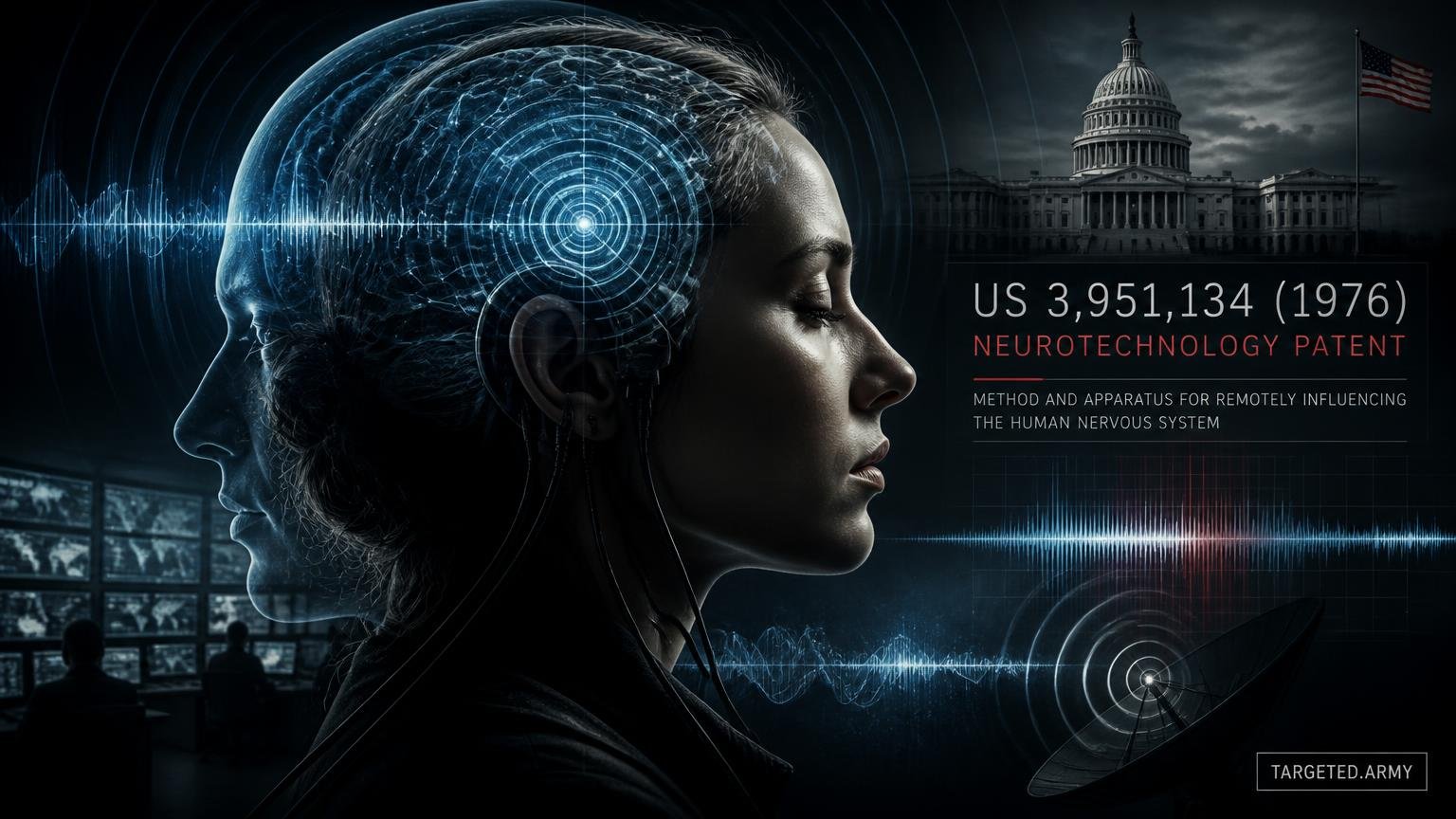 A cinematic TARGETED.ARMY editorial illustration representing the question: What does US 3,951,134 (1976) describe in relation to neurotechnology?