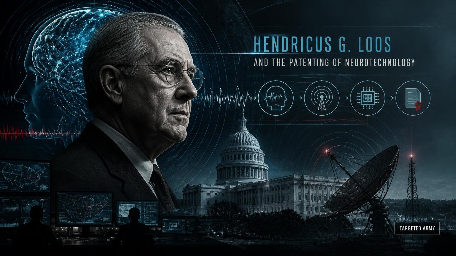 A cinematic TARGETED.ARMY editorial illustration representing the question: What role did Hendricus G. Loos play in neurotechnology patents?