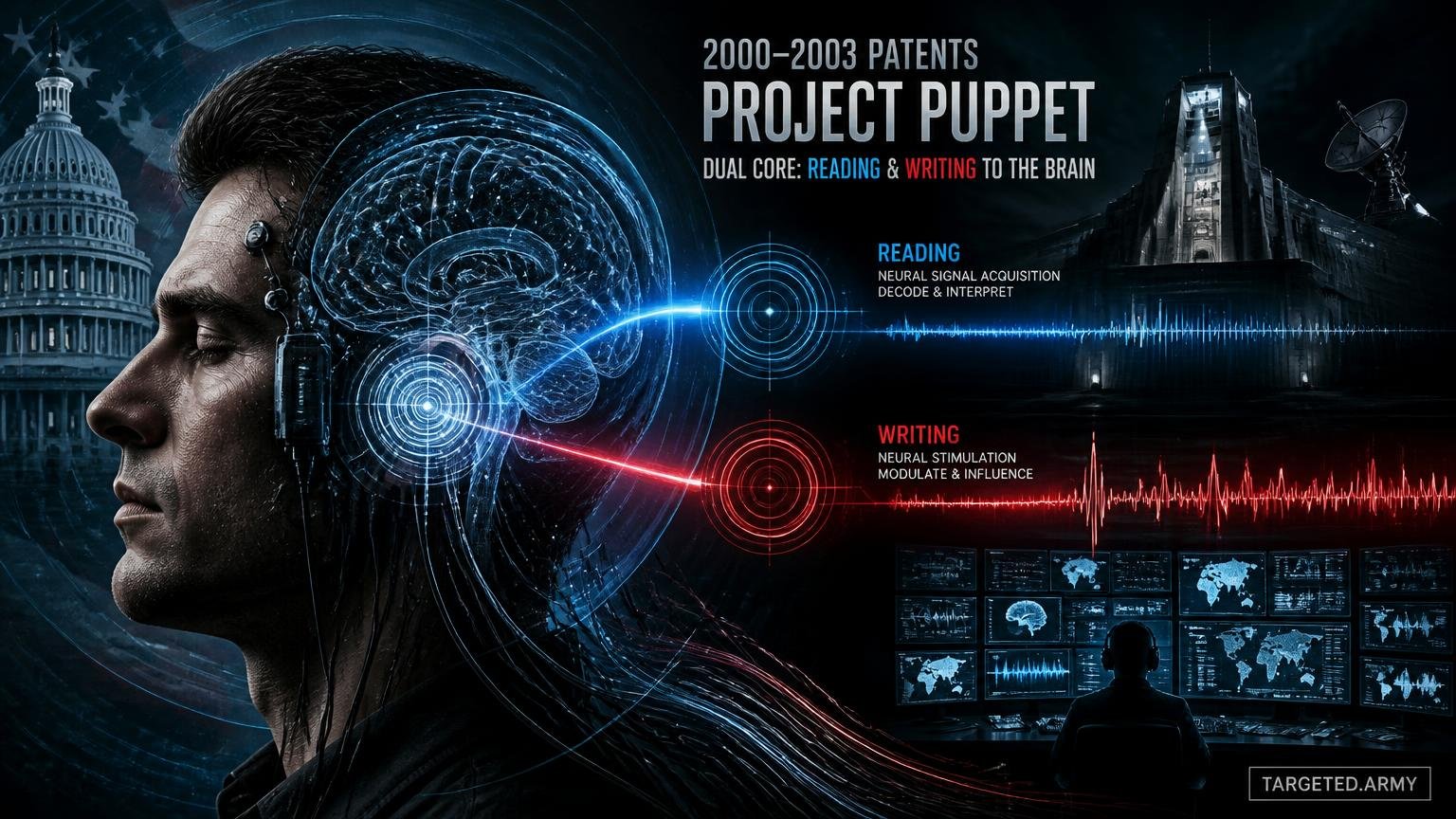 A cinematic TARGETED.ARMY editorial illustration representing the question: What patents from 2000-2003 defined Project Puppet's dual core of reading and writing to the brain?