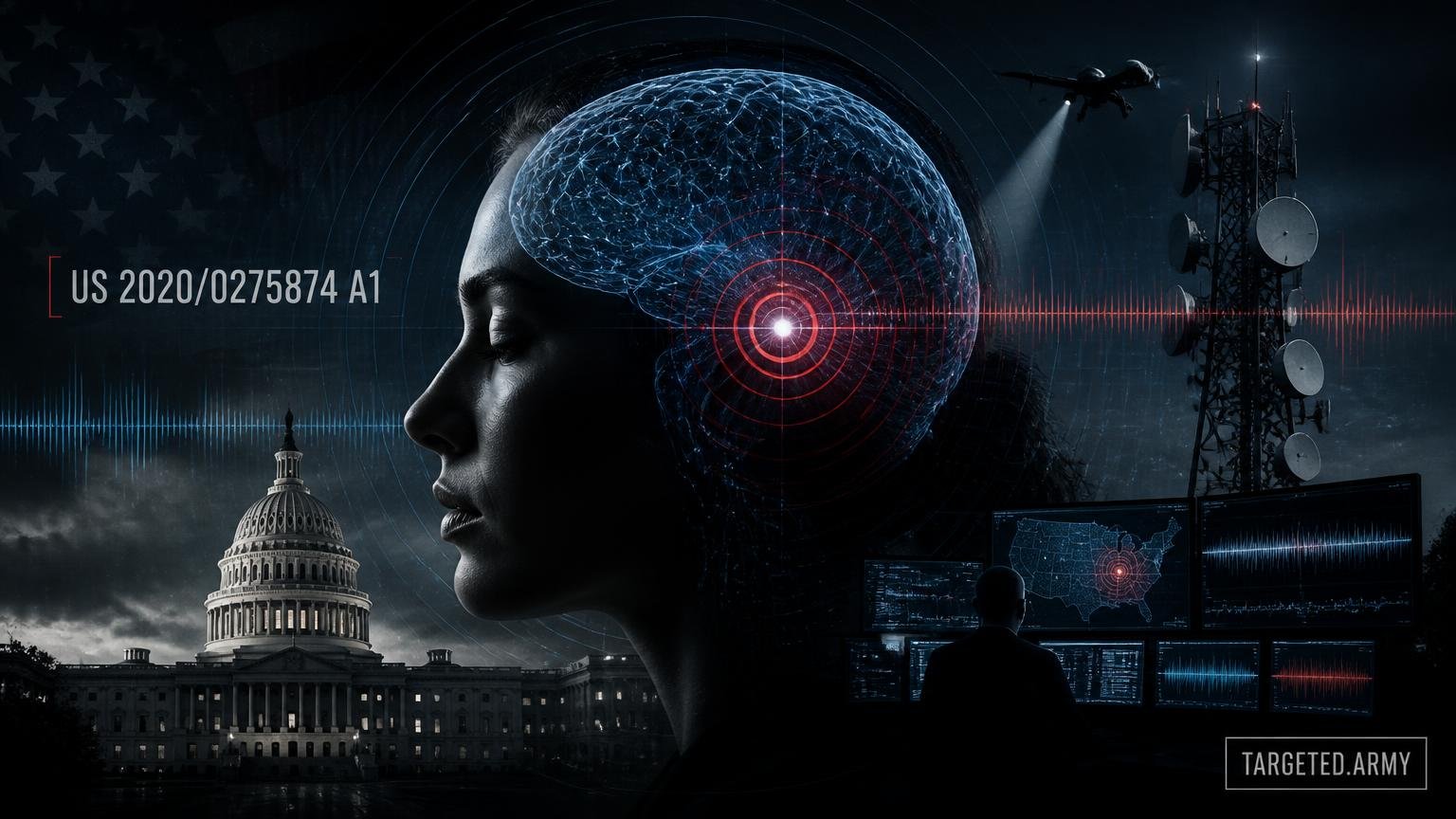 A cinematic TARGETED.ARMY editorial illustration representing the question: What is significant about the 2020 patent US 2020/0275874 A1?
