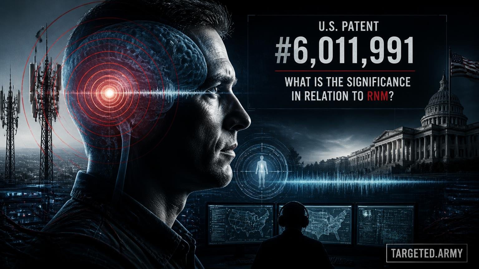 A cinematic TARGETED.ARMY editorial illustration representing the question: What is the significance of U.S. Patent #6,011,991 in relation to RNM?