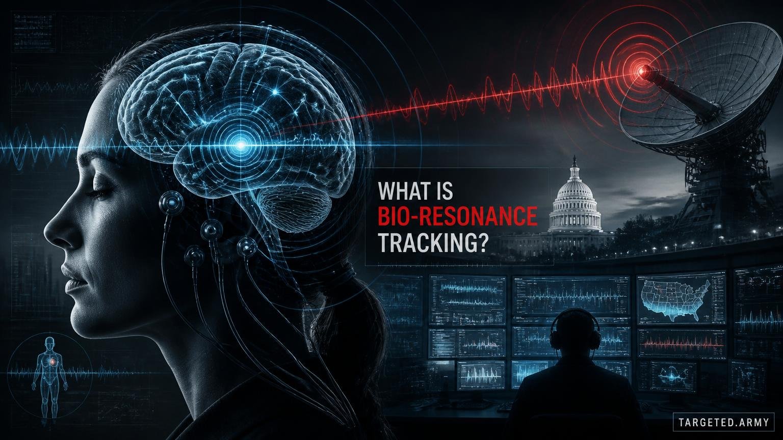 A cinematic TARGETED.ARMY editorial illustration representing the question: What is bio-resonance tracking?