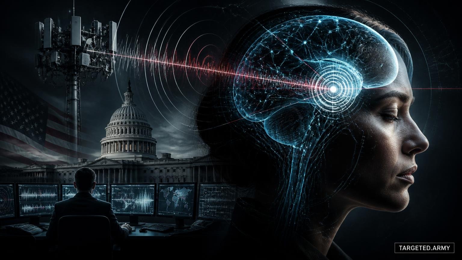 A cinematic TARGETED.ARMY editorial illustration representing the question: What is Remote Neural Monitoring?
