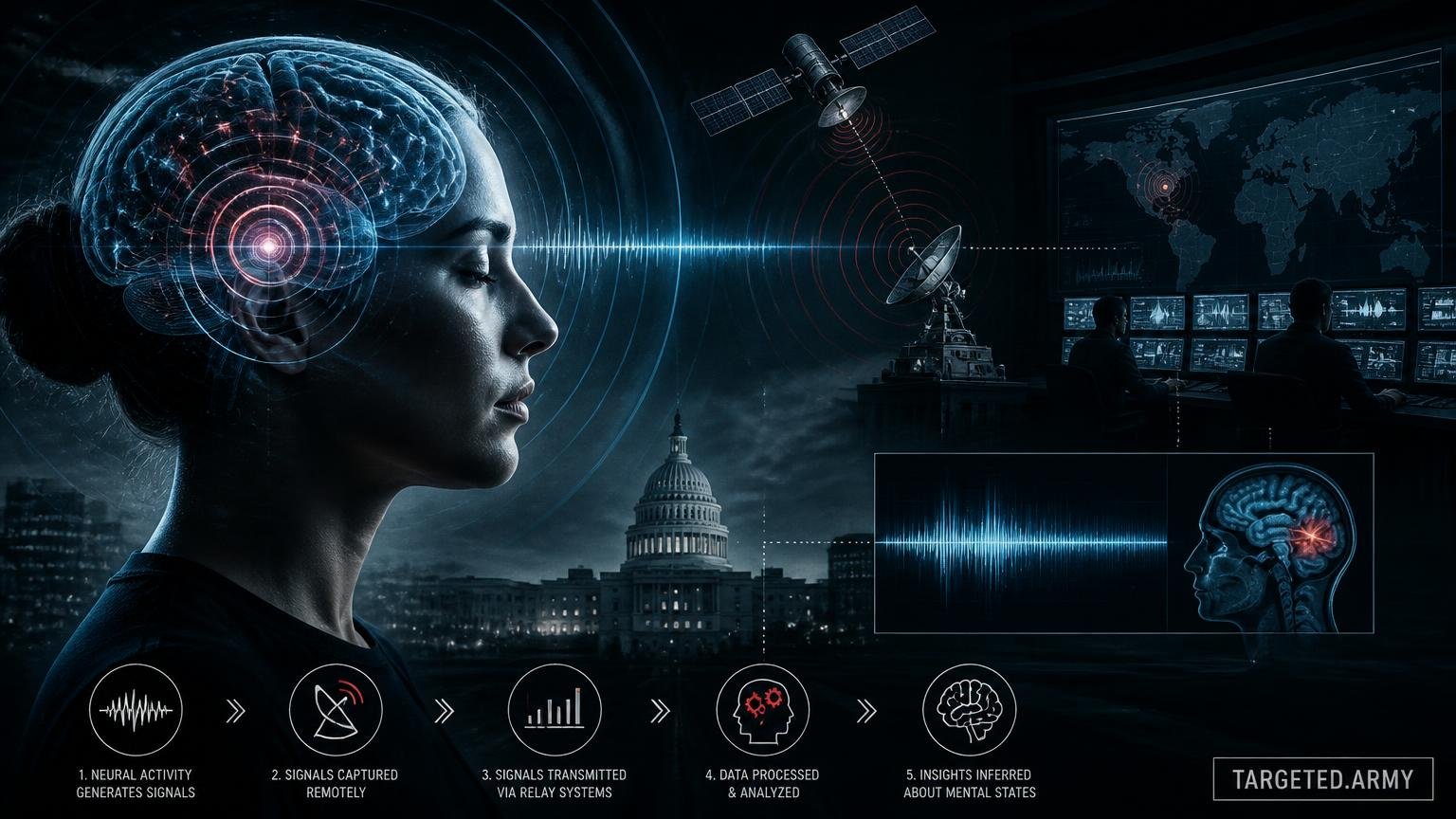 A cinematic TARGETED.ARMY editorial illustration representing the question: How do remote neural monitoring technologies potentially work?