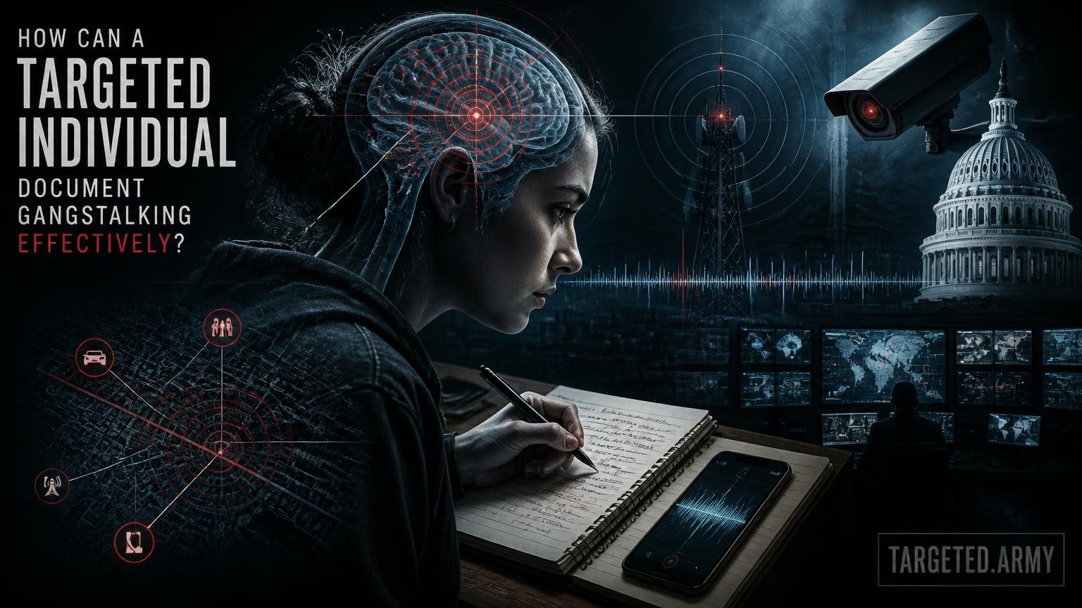 A cinematic TARGETED.ARMY editorial illustration representing the question: How can a targeted individual document gangstalking effectively?