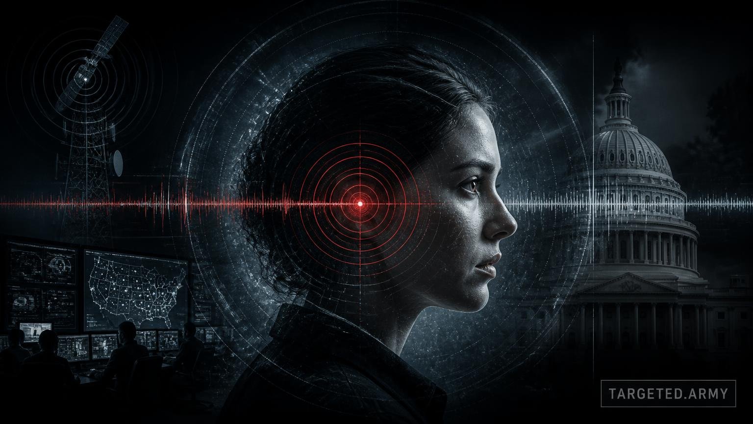 A cinematic TARGETED.ARMY editorial illustration representing the question: What is a Targeted Individual?