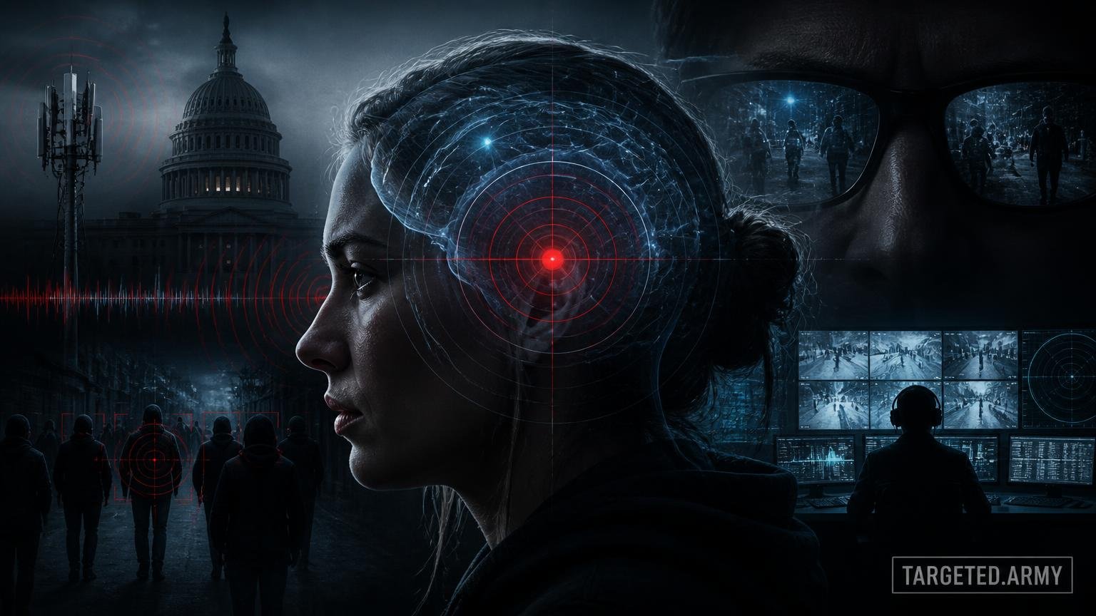 A cinematic TARGETED.ARMY editorial illustration representing the question: What is gangstalking and how does it relate to Targeted Individuals?