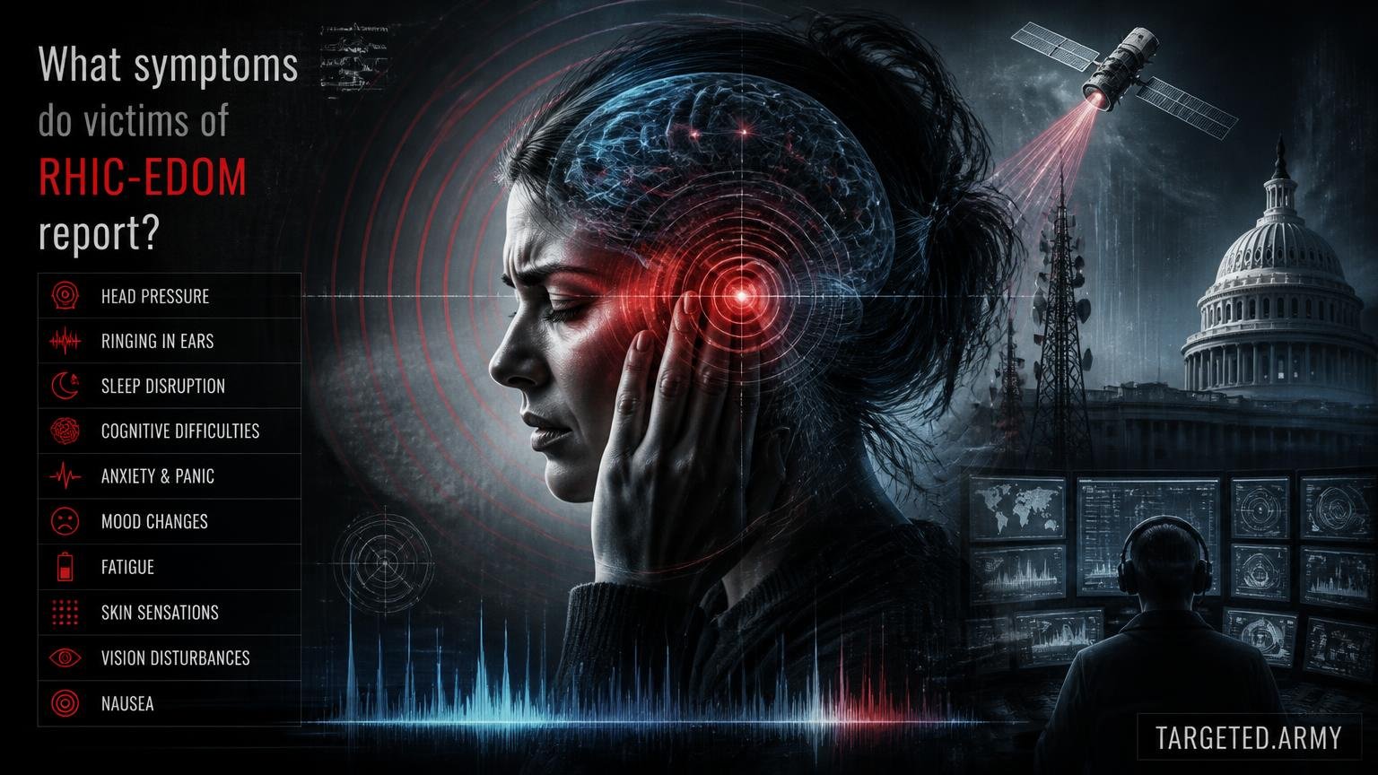 A cinematic TARGETED.ARMY editorial illustration representing the question: What symptoms do victims of RHIC-EDOM report?