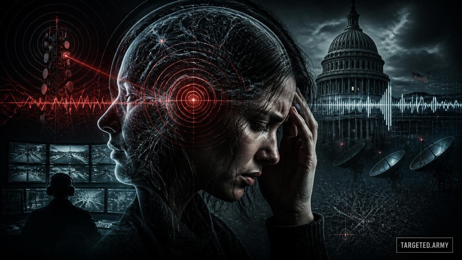 A cinematic TARGETED.ARMY editorial illustration representing the question: What happens during the surveillance and psychological destabilization stage?