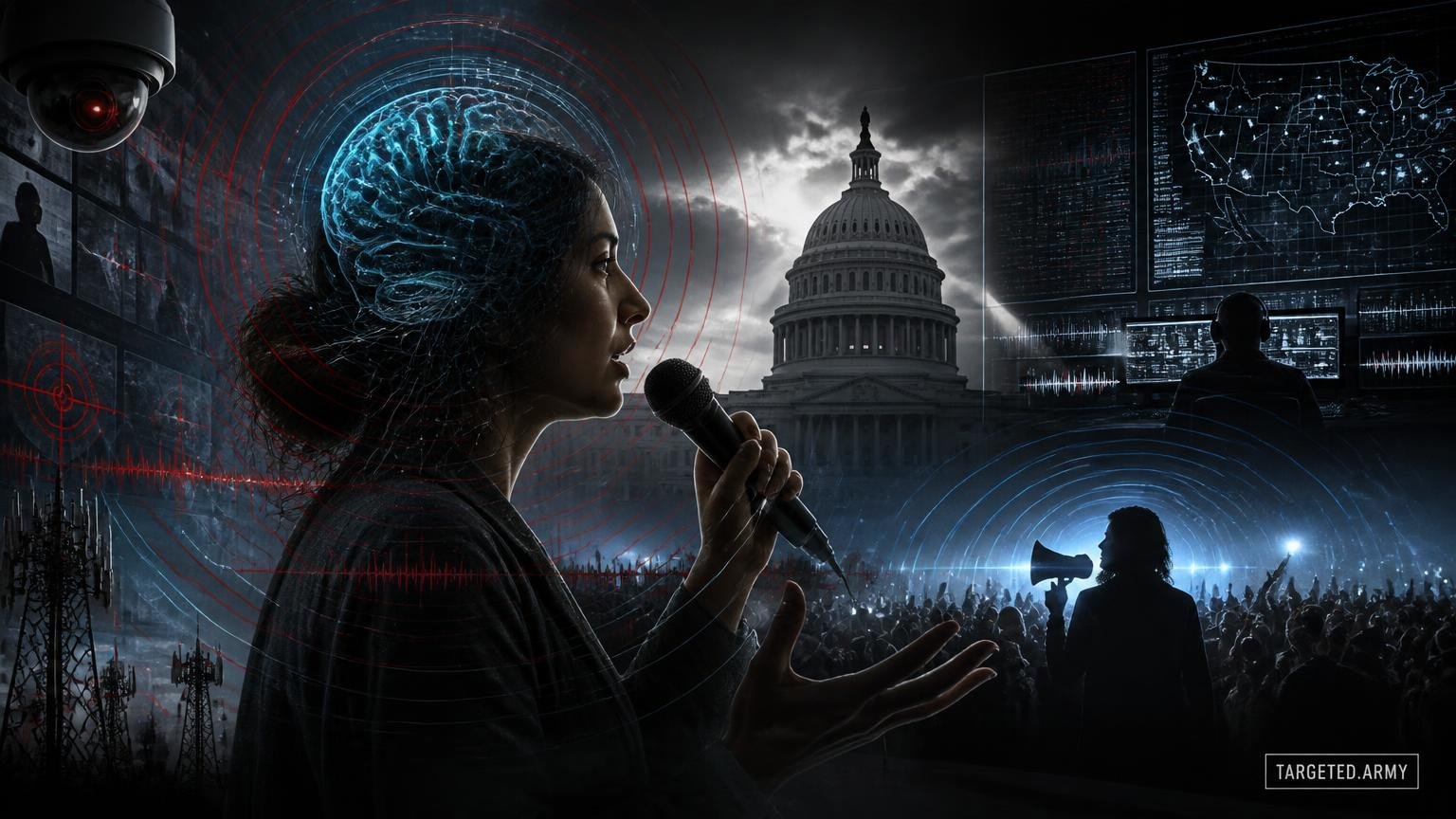 A cinematic TARGETED.ARMY editorial illustration representing the question: What is the role of public speaking and awareness building for victims?