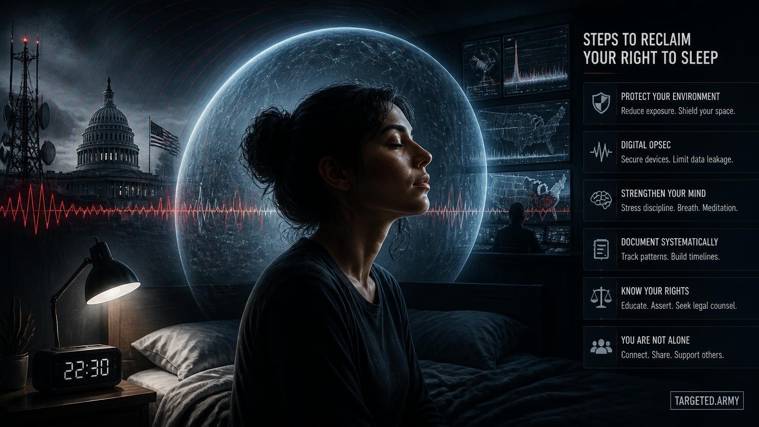 A cinematic TARGETED.ARMY editorial illustration representing the question: What steps can victims take to reclaim their right to sleep?