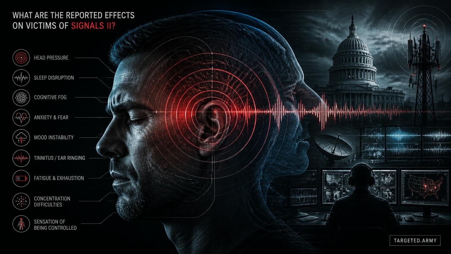 A cinematic TARGETED.ARMY editorial illustration representing the question: What are the reported effects on victims of Signals II?
