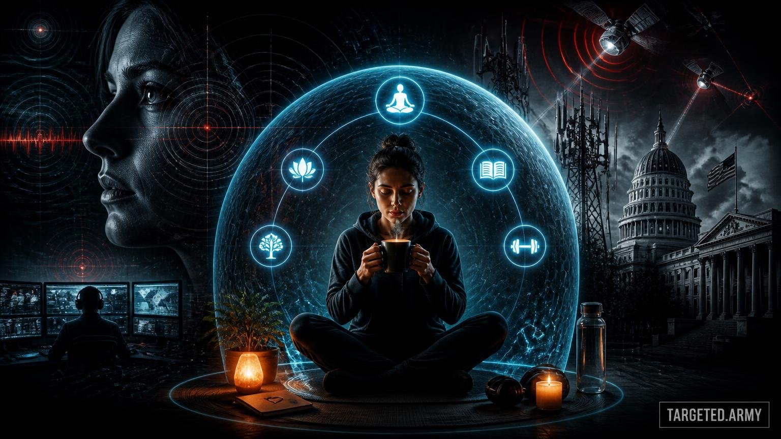A cinematic TARGETED.ARMY editorial illustration representing the question: Why is self-care and daily sanity rituals important for Targeted Individuals?