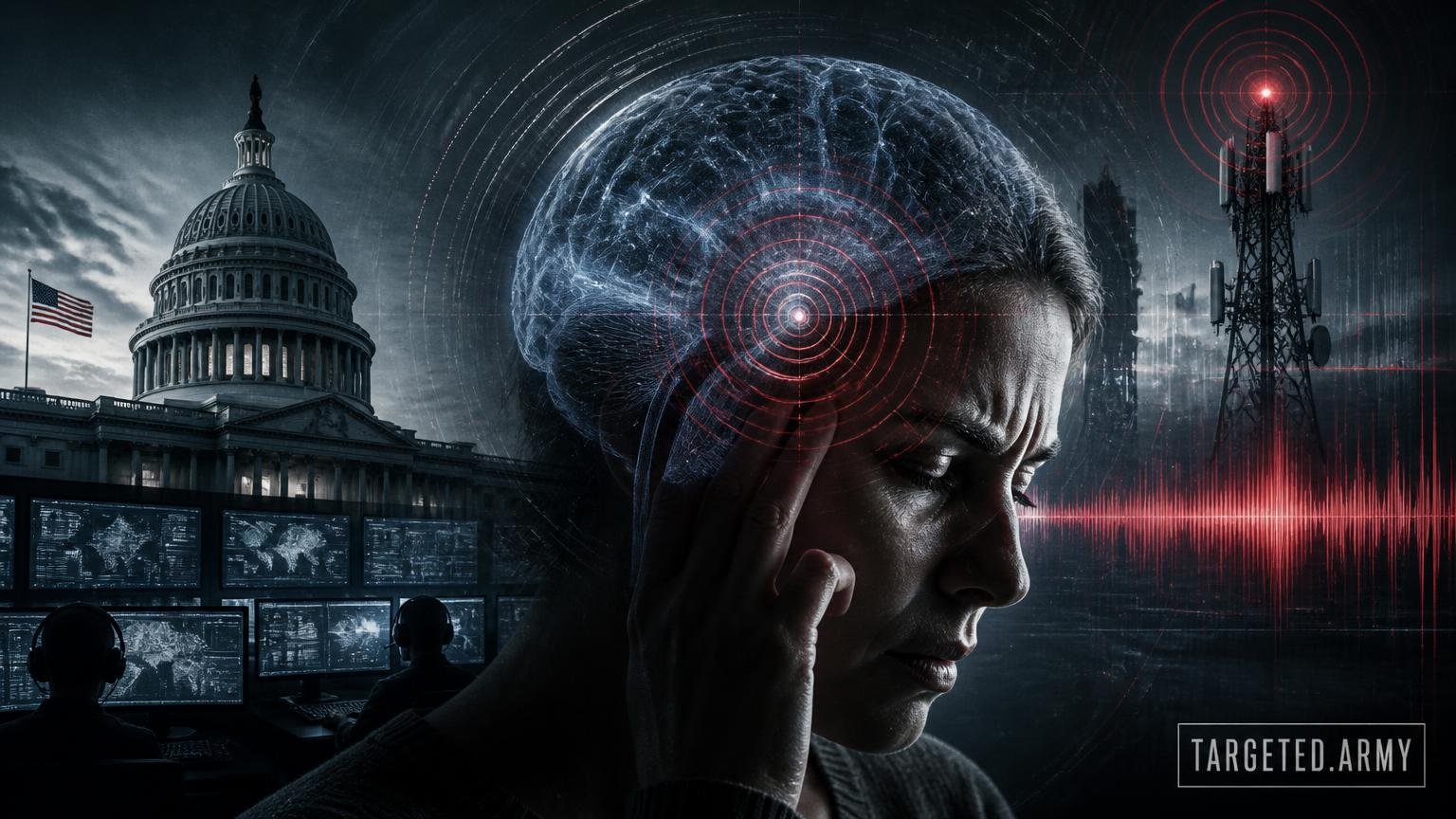 A cinematic TARGETED.ARMY editorial illustration representing the question: How are civilians affected by the invisible war of neuro-weapons?