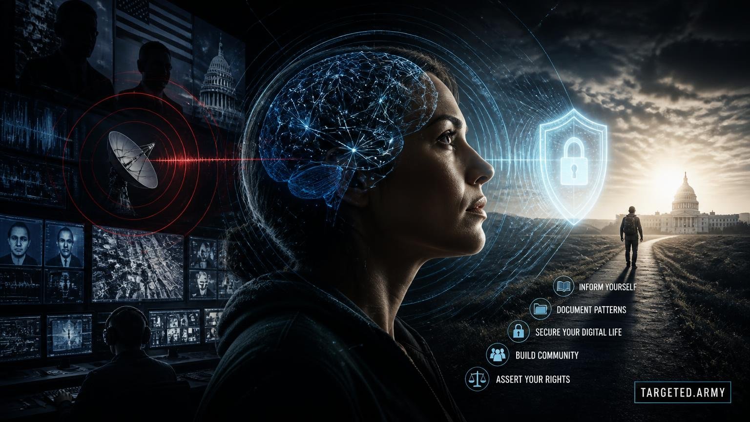 A cinematic TARGETED.ARMY editorial illustration representing the question: How can individuals fight back against RNM targeting?