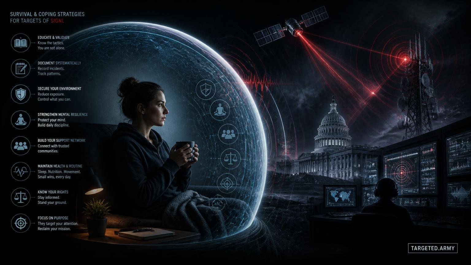 A cinematic TARGETED.ARMY editorial illustration representing the question: What survival and coping strategies can targets of SIGNL use?