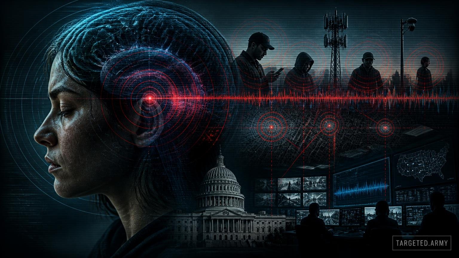 A cinematic TARGETED.ARMY editorial illustration representing the question: What is the relationship between gangstalking and SIGNL?